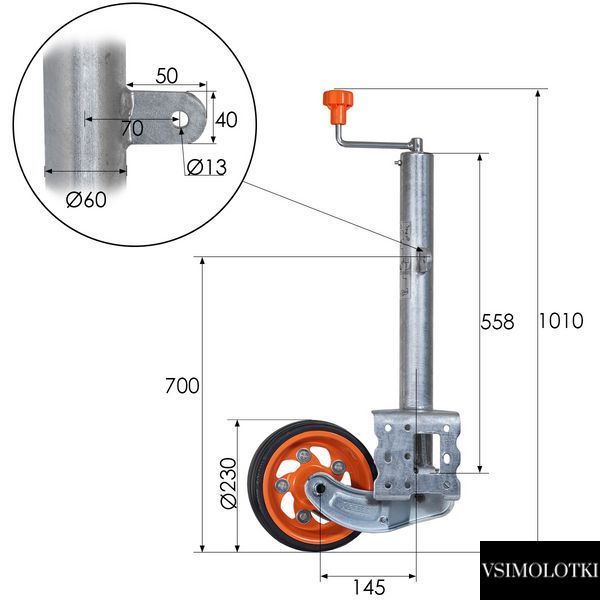 Опорне колесо причепа Kartt d60 мм автоматичне довжина 1010 мм 500 кг (KJW6015) KJW6015 фото