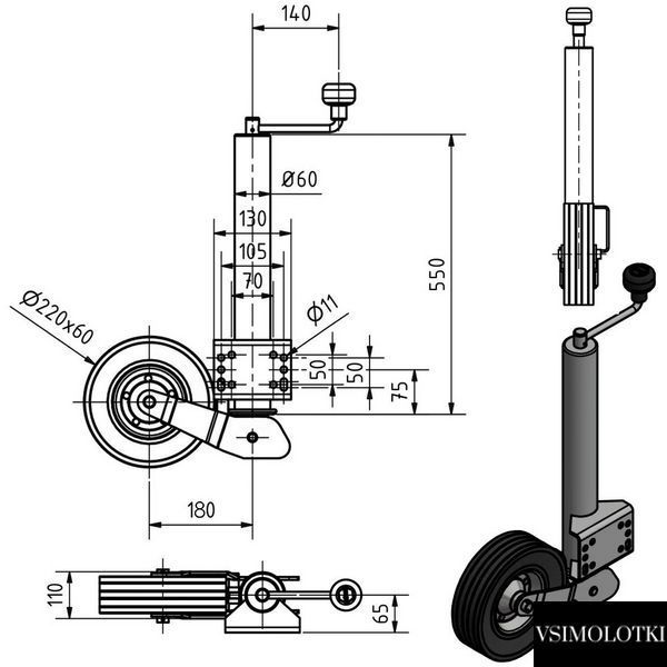 Опорне колесо причепа Bakker d60 мм довжина 550 мм 350 кг (301505-3) 301505-3 фото