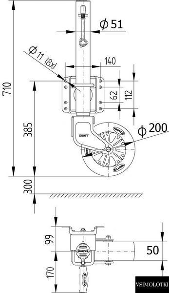 Гвинтове опорне колесо Knott d51 мм з хомутом 150 кг (6D7983.001) 6D7983001 фото